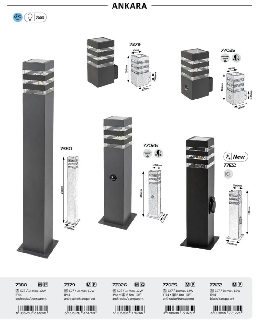 Stalp iluminat exterior cu priza, Protectie IP44, Ankara
