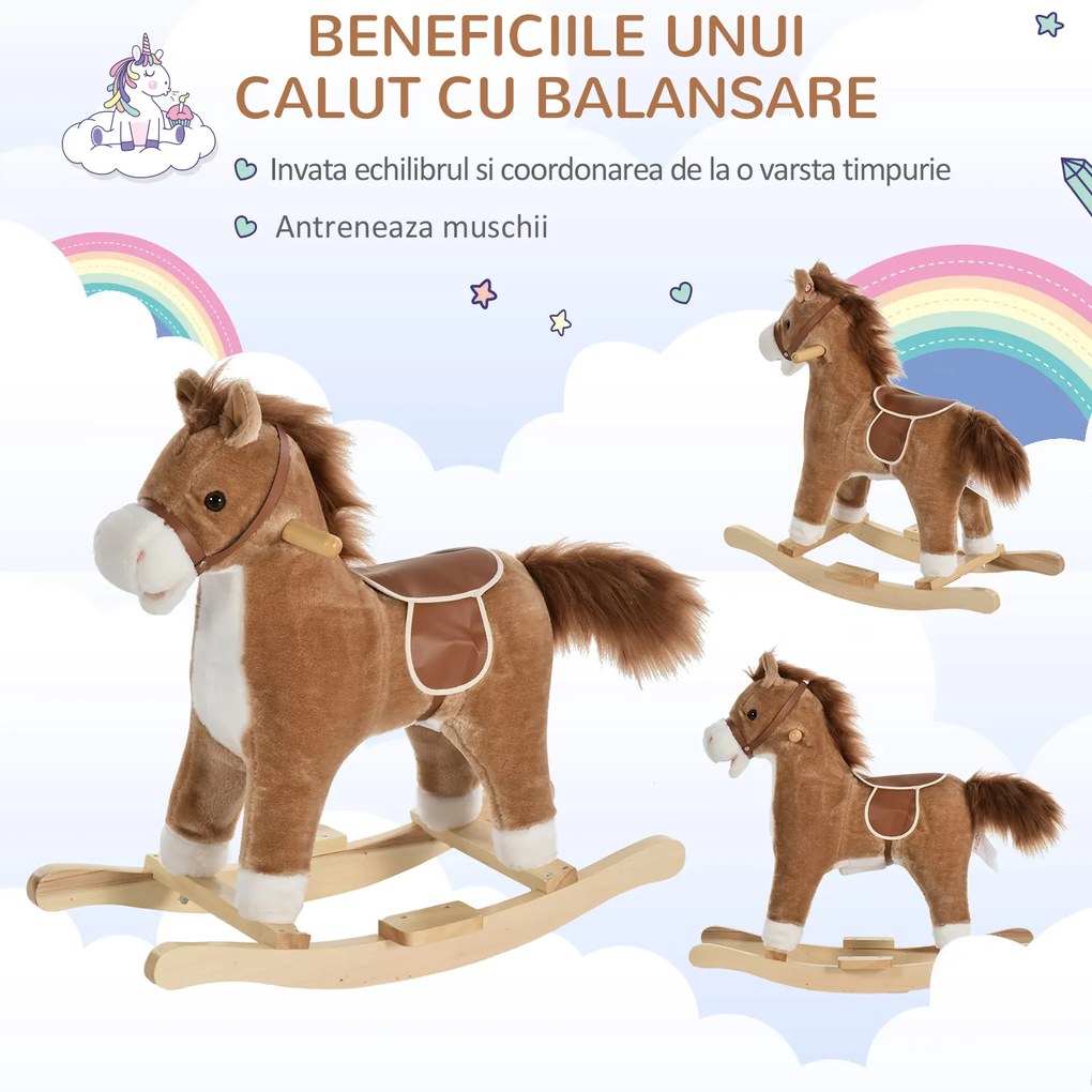HOMCOM Căluț Balansoar din Lemn, pentru Copii 36-72 Luni cu Sunete Realiste și Șa, 65x32,5x61 cm, Maro | Aosom Romania