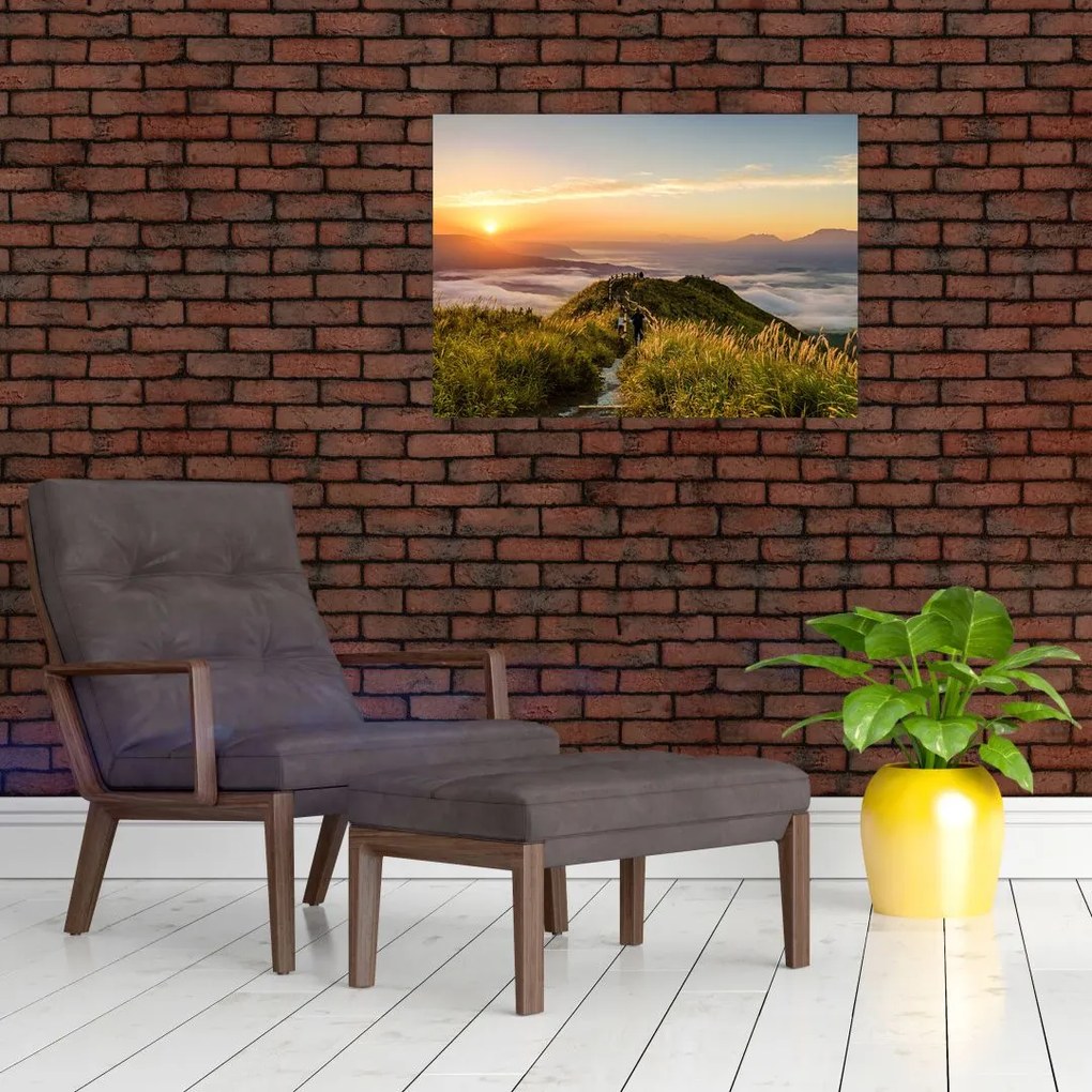 Tablou pe sticlă cu munți în apus de soare (70x50 cm)