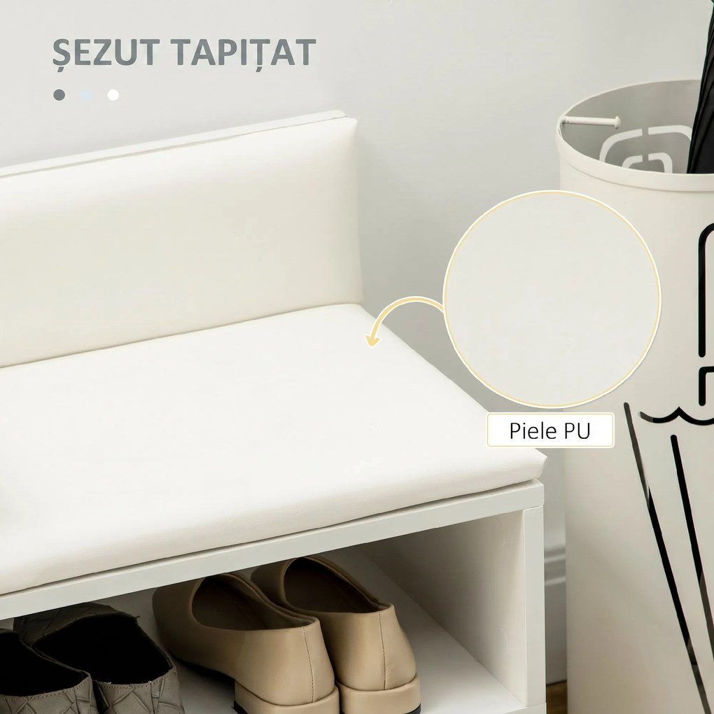 HOMCOM Bancă Dulap pentru Pantofi cu Scaun Căptușit, Raft Deschis și Dulăpior, 80x33x49 cm, Alb | Aosom Romania