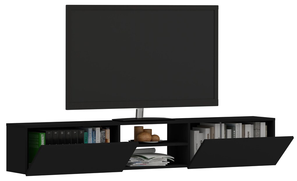 Comoda TV Genova, 2 Usi, Negru, 180 x 30 x 30 cm