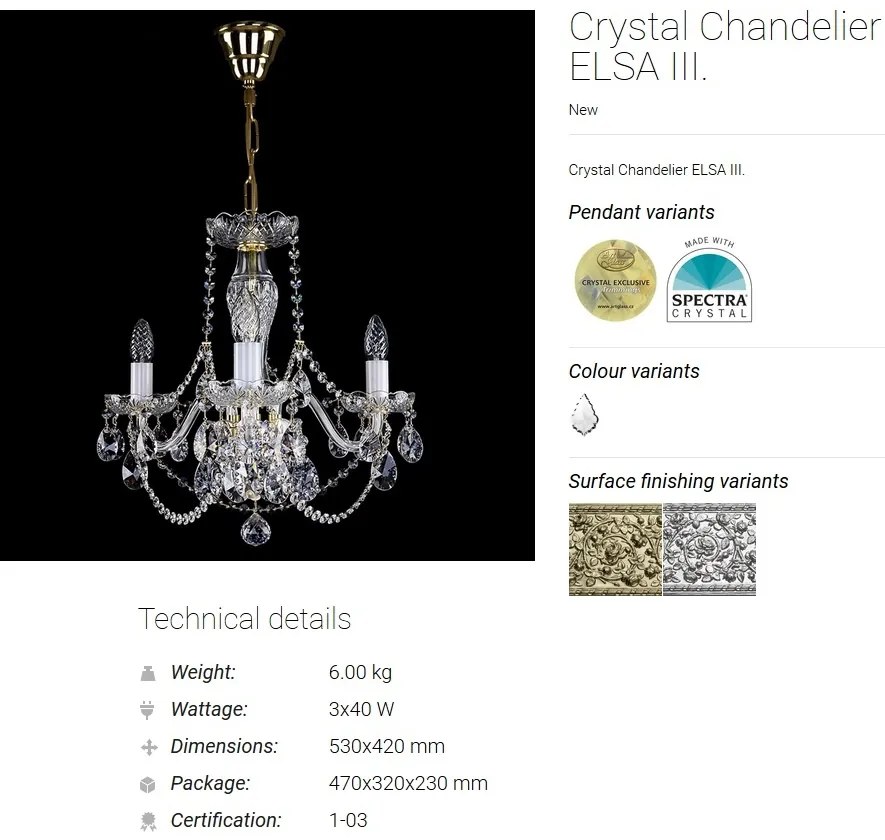 Candelabru elegant cu 3 brate Cristal Bohemia Exclusive ELSA III. CE