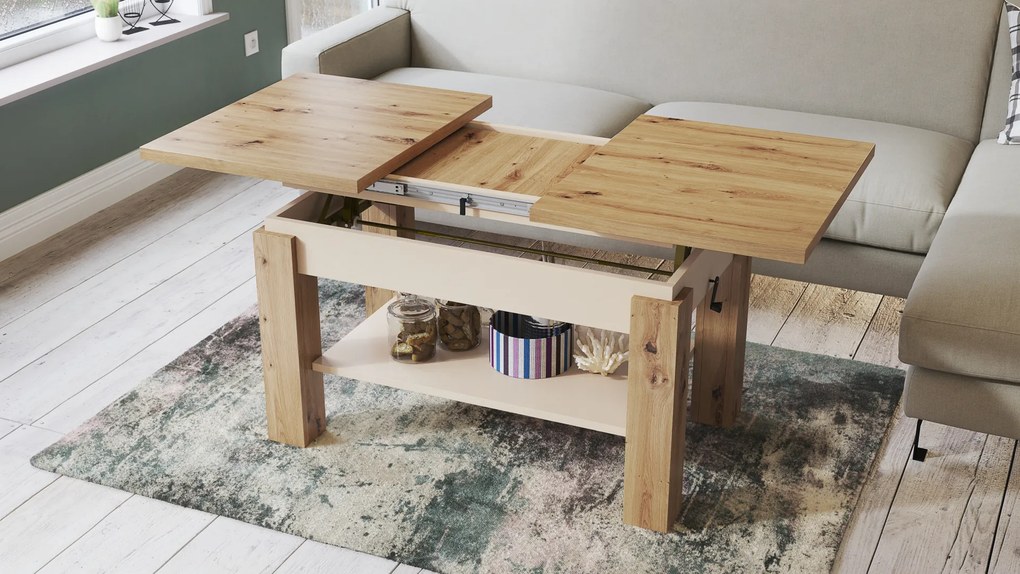 Mazzoni ASTORIA Stejar Artisan/Bej (Șampanie) - MĂSUȚĂ EXTENSIBILĂ MĂSUȚĂ DE CAFEA CU RAFT