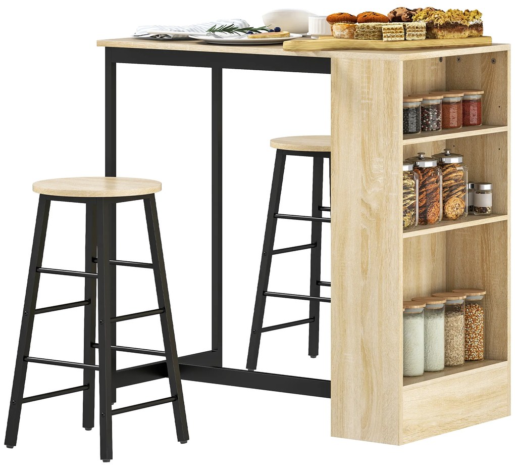 HOMCOM Set masă de bar cu tabureți, compartimente deschise, raft reglabil și suporturi pentru picioare, stejar și negru | Aosom Romania