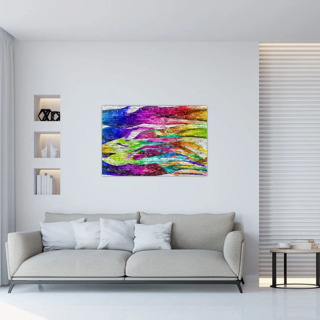 Tablou - Zid de cărămidă cu flăcări colorate (90x60 cm)