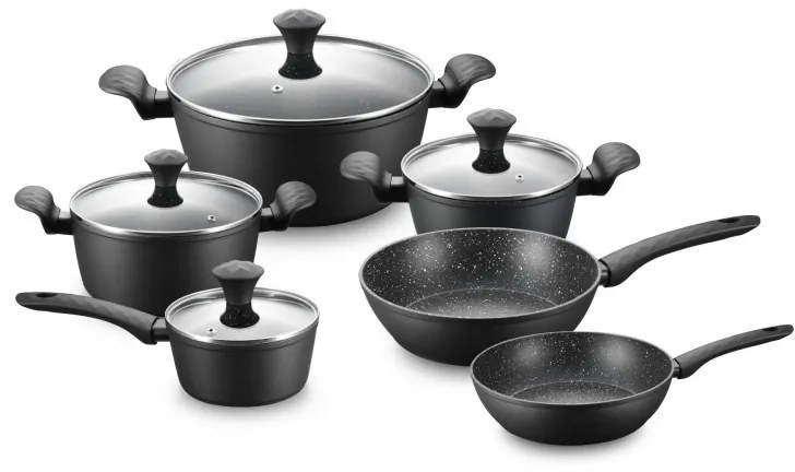 Set oale si tigai Royalty Line FD10, 10 piese, Aluminiu turnat, Acoperire din marmura Greblon, Inductie, Negru