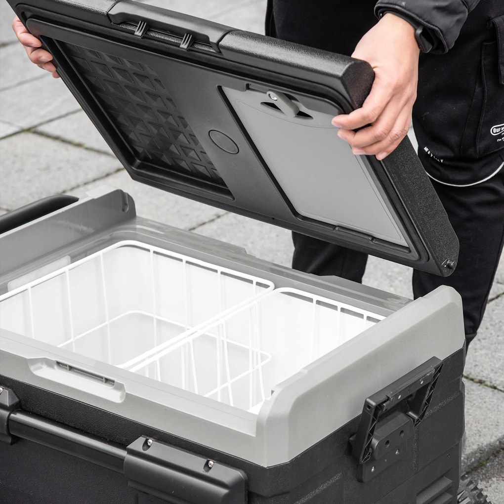 Outsunny Frigider Auto 40L cu Iluminare LED Compresor Frigider Portabil cu Mânere Role de Transport Barcă Călătorii 12/24V DC și 110-240V AC Gri+Negru | Aosom Romania