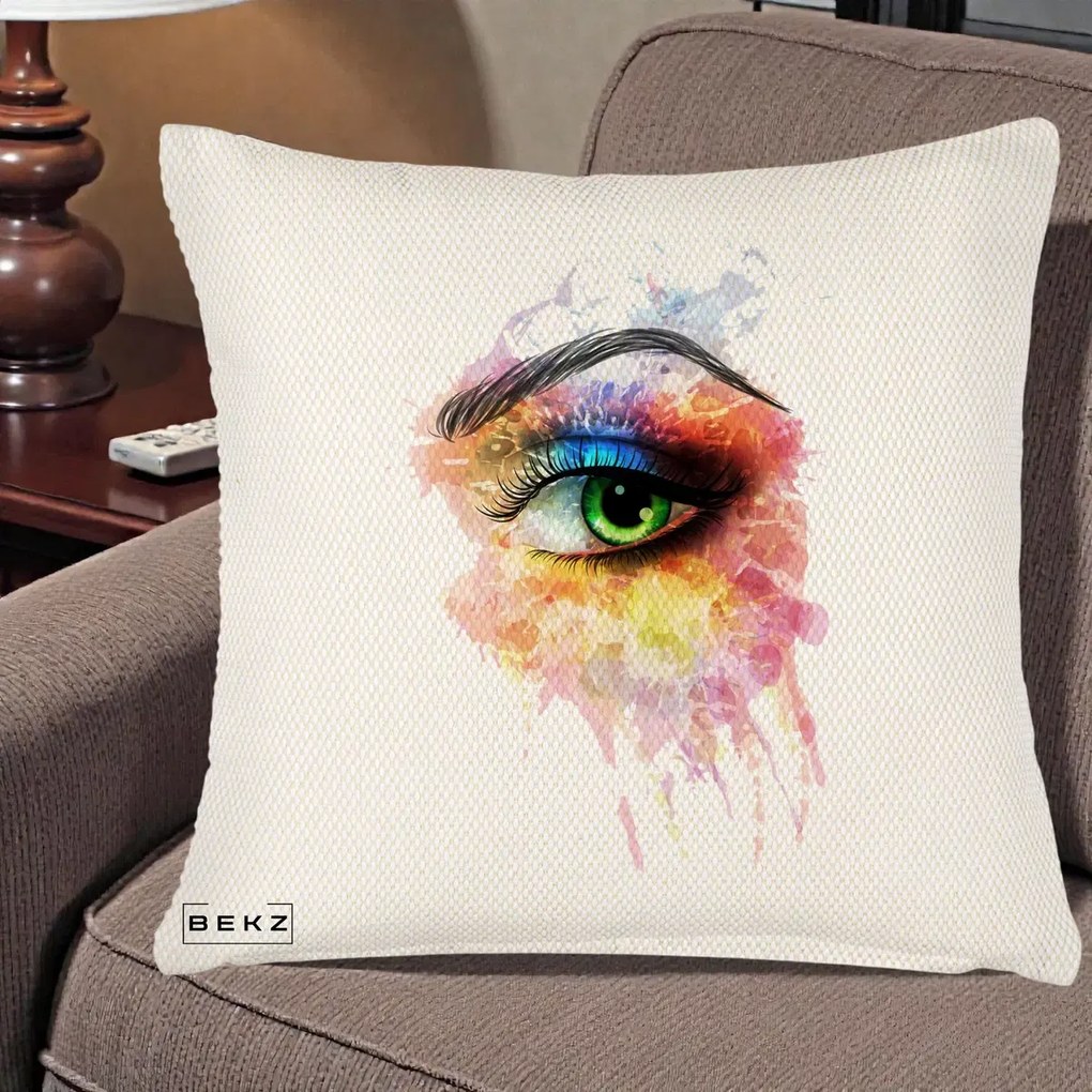 Perna Decorativa Ochi Verde Acuarela, 40x40 cm, Crem Reliefat, Husa Detasabila, Perna Inclusa, BEKZ®