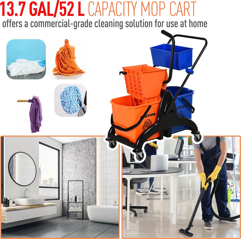HOMCOM Cărucior Profesional de Curățenie cu 2 Găleți de 26L, Cărucior cu Presă, Mâner și 4 Roți Universale, pentru Hotel, Casă, Birou, 78x45x95 cm, Portocaliu și Albastru | Aosom Romania