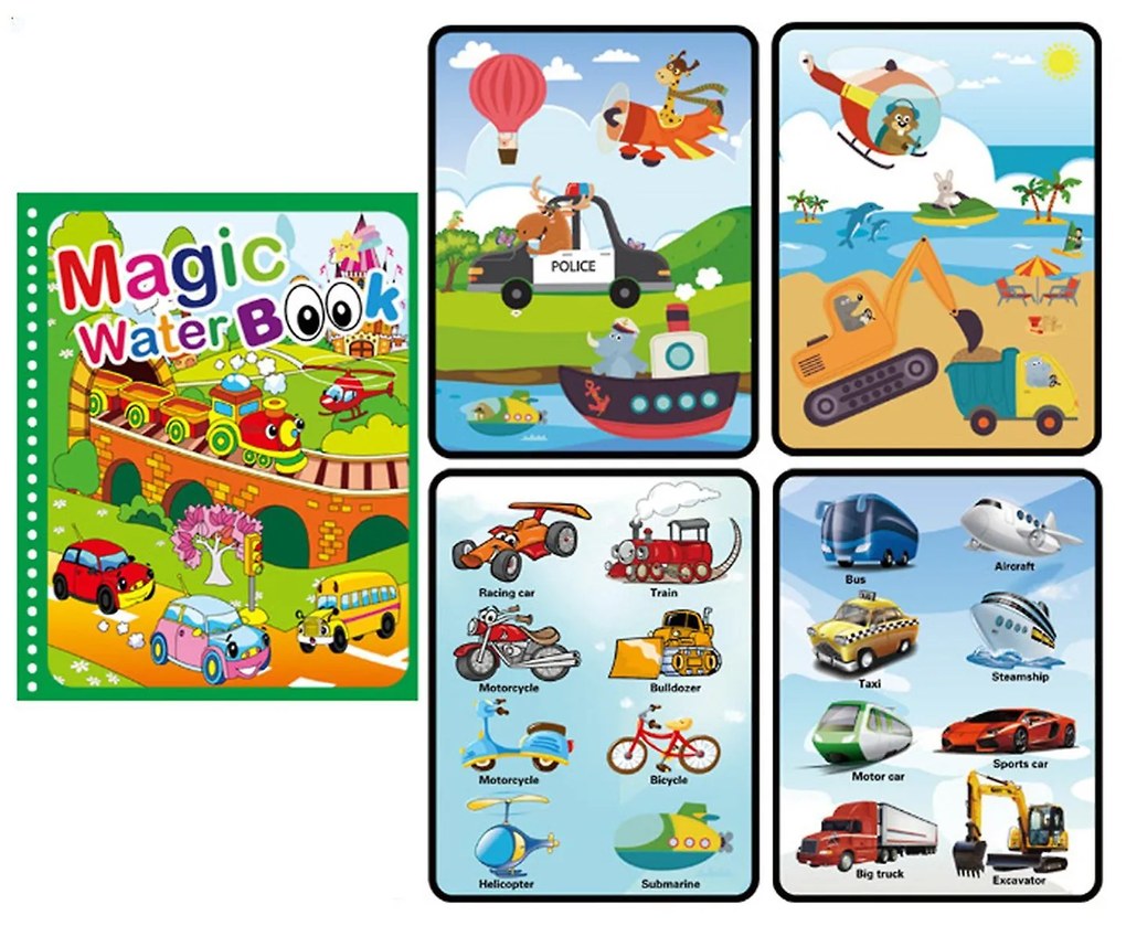 Carte de colorat cu apă, reutilizabilă, Magic WaterBook, Mașini