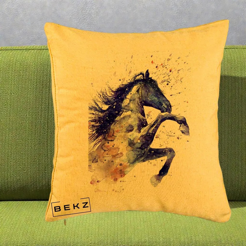 Perna Decorativa Cal Albastru Acuarela, 40x40 cm, Galben, Husa Detasabila, Perna Inclusa, BEKZ®