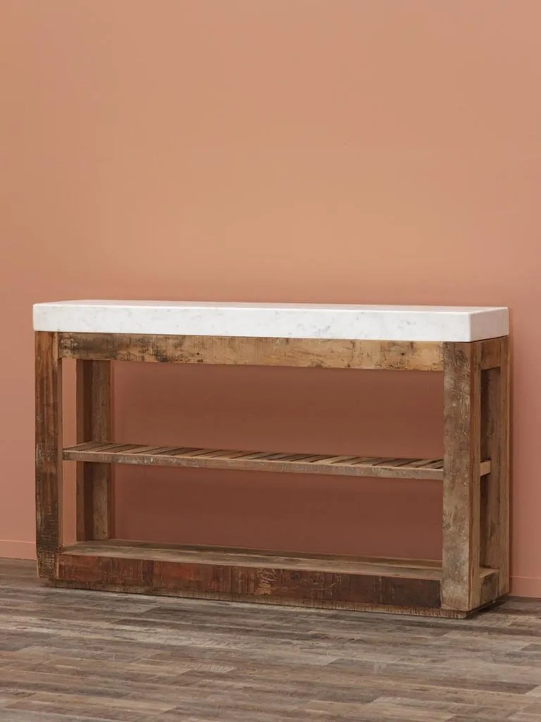 Consola din lemn reciclat si marmura, aspect rustic, Greta