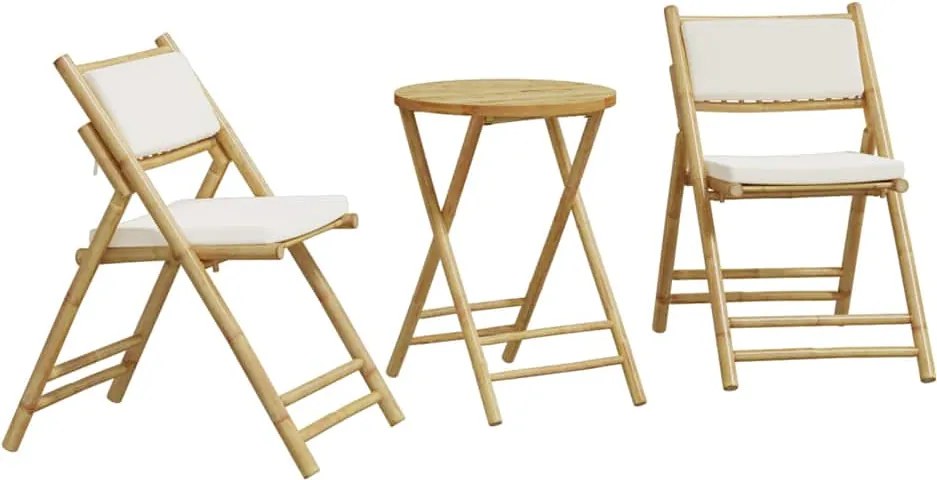 vidaXL Set de bistro pliabil, 3 piese, cu perne alb crem, bambus