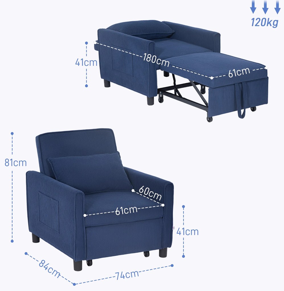 HOMCOM Fotoliu de dormit, reglabil, 3 poziții, cu material din cord, până la 120 kg, Albastru | Aosom Romania