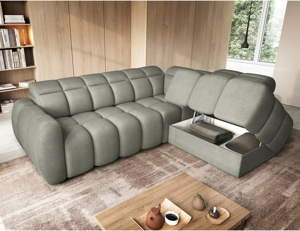 Colțar verde prăfuit extensibil/cu spațiu de depozitare cu tapițerie din țesătură bouclé (cu colț pe partea dreaptă/în formă de ”L”) Falconn – ELTAP