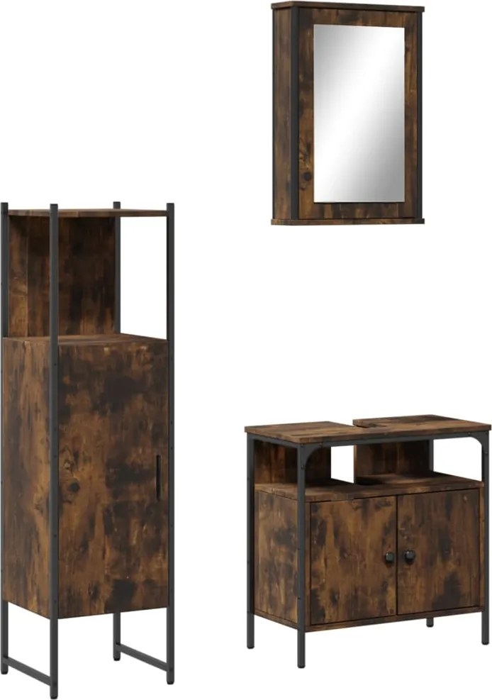 vidaXL Set mobilier de baie, 3 piese, stejar fumuriu, lemn prelucrat