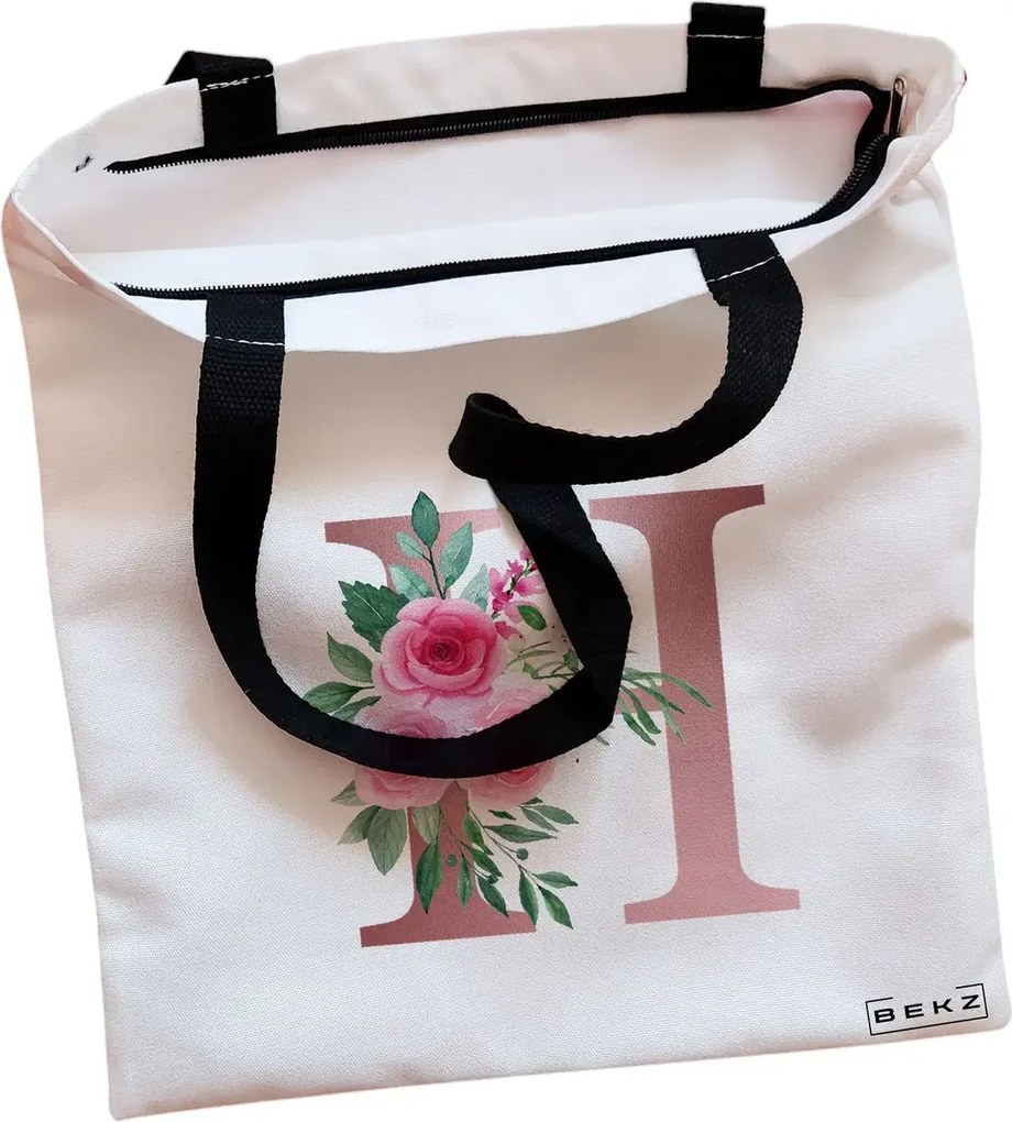 Sacosa de Panza pentru Cumparaturi, Geanta Tote, Cu litera H Rose Gold si Trandafiri, Cu fermoar, 38x34.5 cm, Alba, BEKZ®