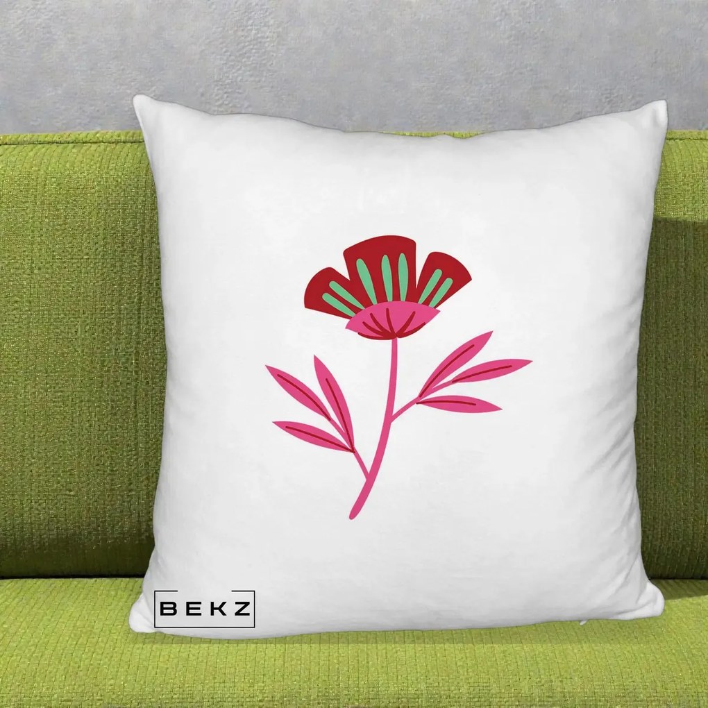 Perna Decorativa Floare Macul Roz-Rosu Grafic, 40x40 cm, Alb Pufos, Husa Detasabila, Perna Inclusa, BEKZ®
