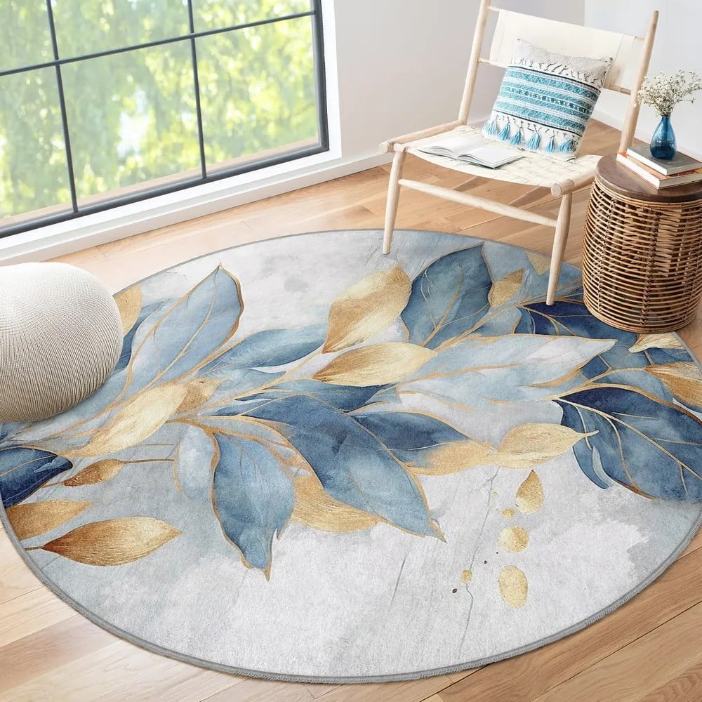 Covor albastru/auriu lavabil rotund ø 120 cm Golden Leaves – Mila Home