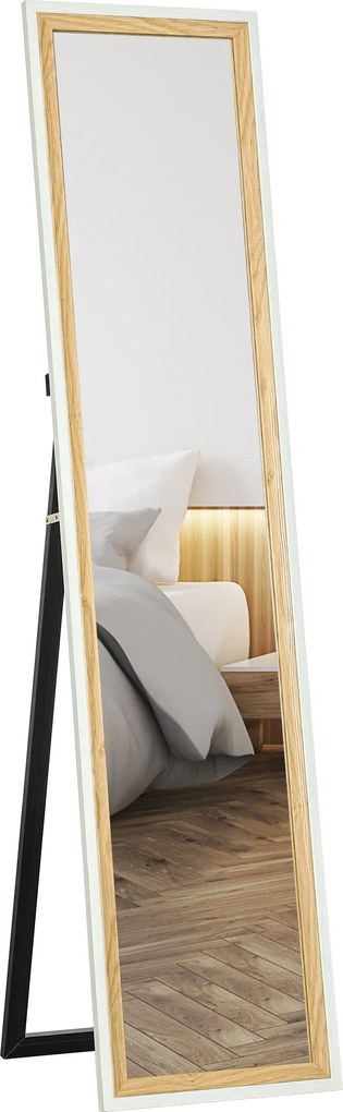 HOMCOM Oglindă de podea lungime întreagă oglindă pe suport cu ramă cu efect lemn, montare pe sol, suspendată, sprijinită, 157 x 37 cm alb | Aosom Romania