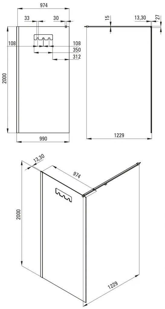 Paravan dus, walk-in, sticla securizata, 100x200 cm, cadru metalic negru, Deante Mokko 1000x2000 mm, Negru