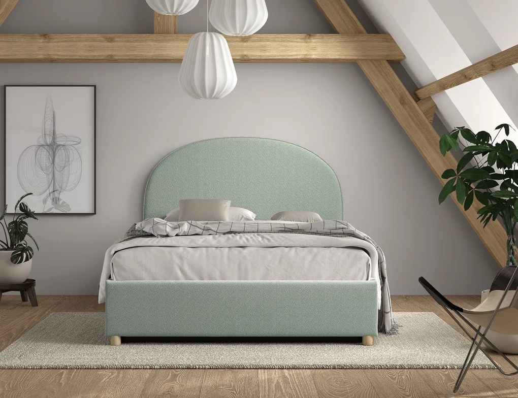 Pat tapițat pentru copii MOON, 140 x 200 cm, verde, cu țesătură bouclé și spațiu de depozitare – Vipack