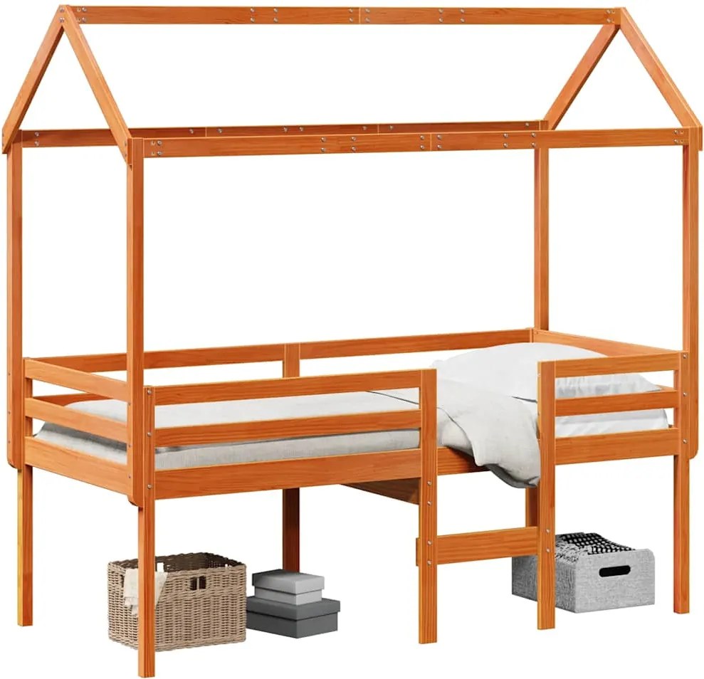 vidaXL Pat înalt cu acoperiș, maro ceruit, 75x190 cm, lemn masiv pin