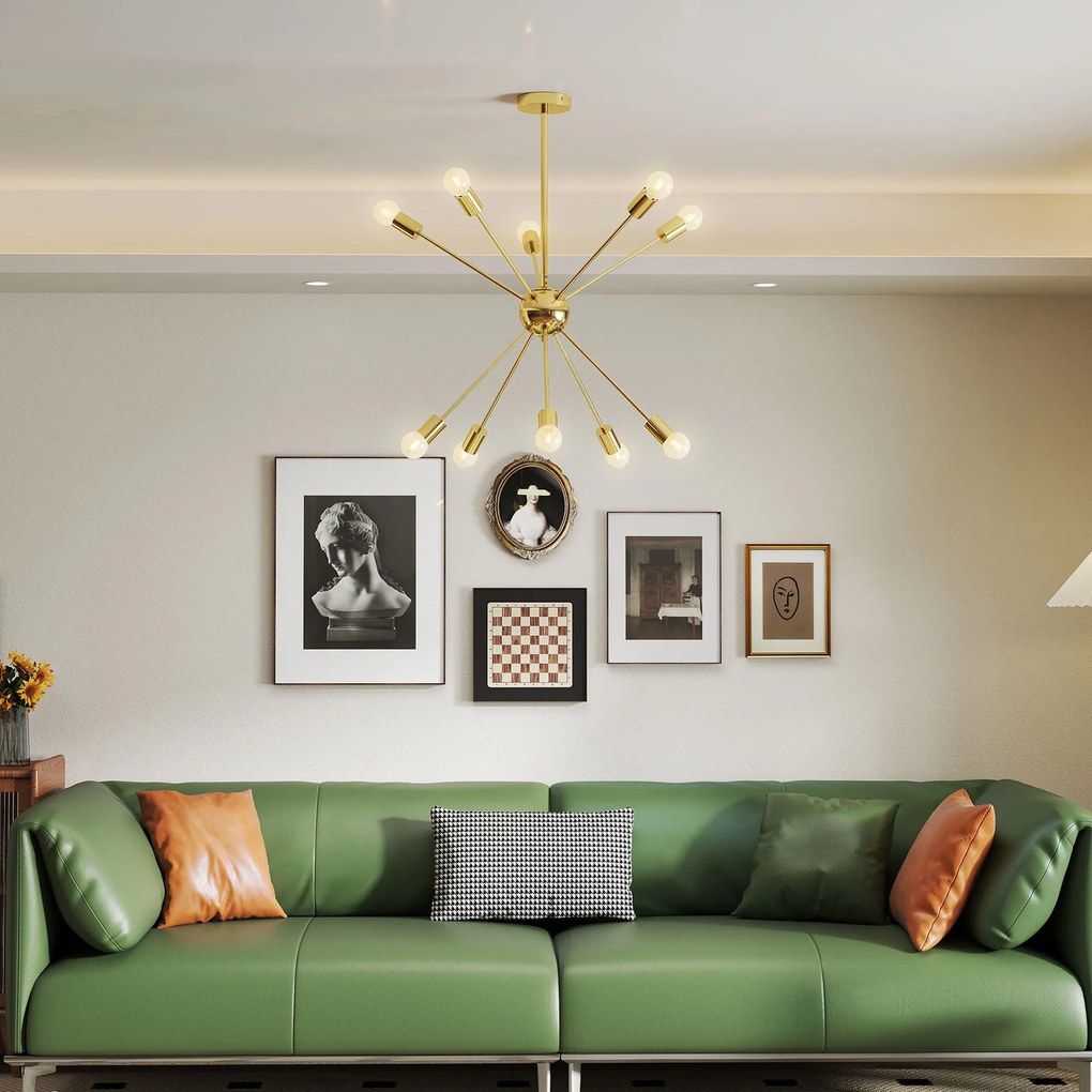 HOMCOM Lustră Suspendată Stil Sputnik, Metal Auriu, 10 Lumini, Ideală pentru Bucătărie, Sufragerie, Dormitor, 65x65x78.5 cm | Aosom Romania