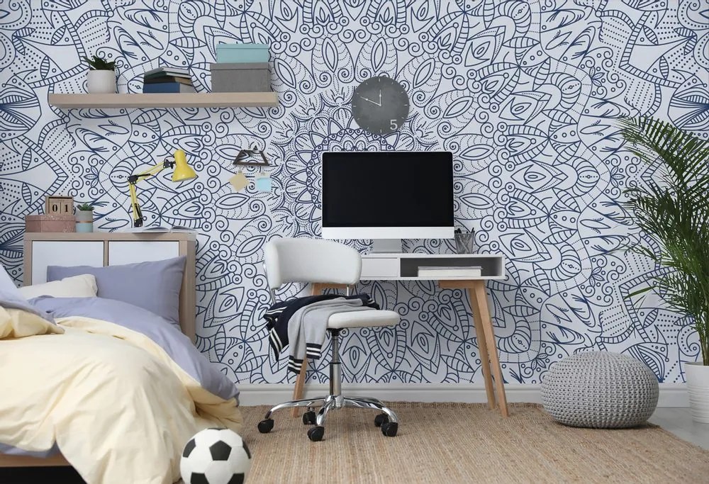 Tapet Mandala decorativă detaliată în culoarea albastră