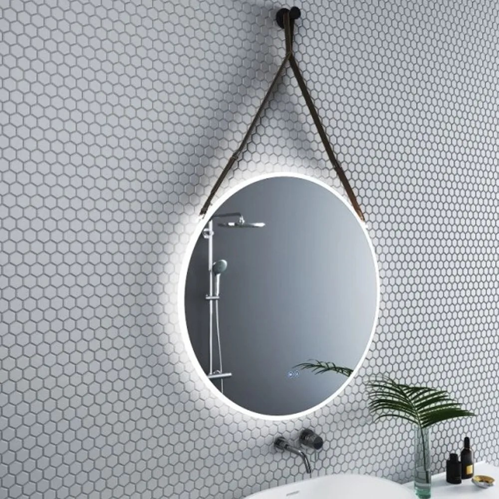 Oglinda cu iluminare si dezaburire Inter Ceramic forma rotunda 80 cm curea maro