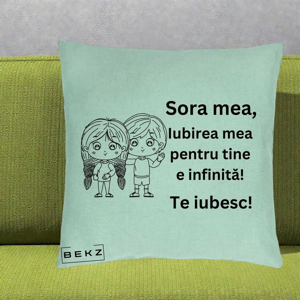 Cadou pentru Sora - Perna Personalizata Sora Mea Te Iubesc Copii Anime Line Art, 40x40 cm, Verde Menta, Husa Detasabila, Perna Inclusa, BEKZ®