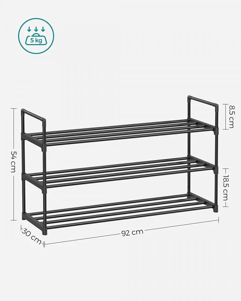 Suport pantofi cu 3 rafturi, metal / plastic, negru, Vasagle