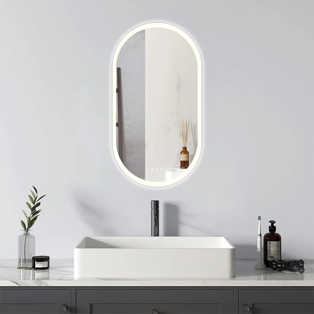 Oglindă baie, Multifuncțională, Iluminare LED Touch, Intensitate reglabila, Sistem Dezaburire, Ceas electronic încorporat, Indicator Temperatura, 50x70 cm