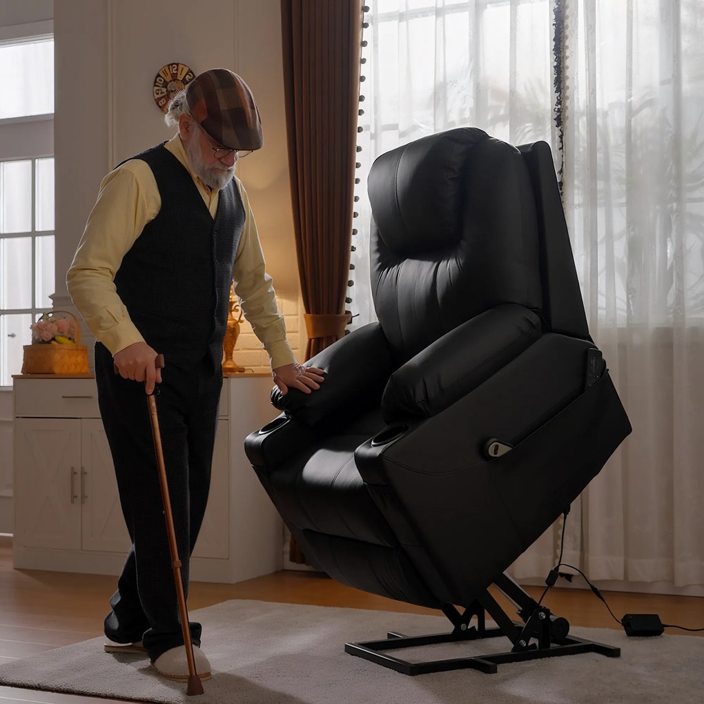 HOMCOM Scaun cu Ridicare Electrică, Masaj, Telecomandă și Buzunare Laterale pentru Vârstnici, din Piele PU, 88x92x106 cm, Negru | Aosom Romania