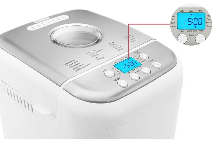 Masina de facut paine Crown CBM-6511, 600W, 1L, 19 programe, Timer, Afisaj LCD, Memorie, Alb