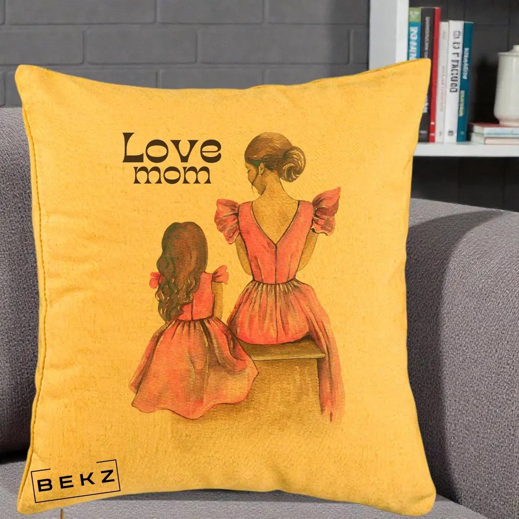 Cadou pentru Mama - Perna Personalizata Love Mom Rochii Roz, 40x40 cm, Galben, Husa Detasabila, Perna Inclusa, BEKZ®