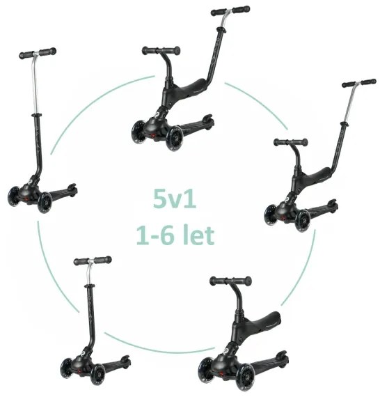 QPlay - Trotinetă pentru copii SEMA PRO 5în1 cu roți LED, neagră