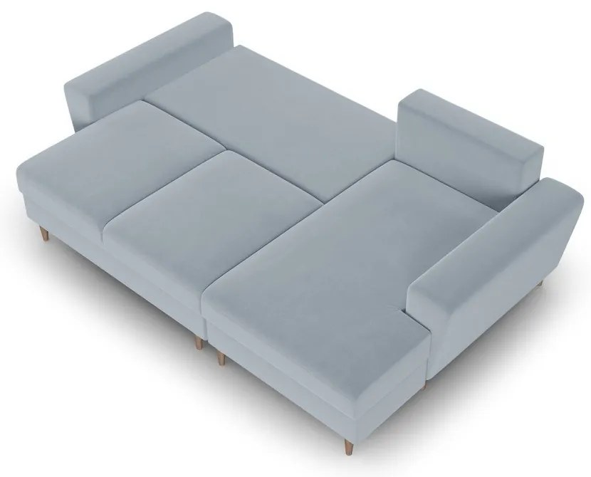 Colțar albastru deschis extensibil, cu spațiu de depozitare cu tapițerie din catifea (cu colț pe partea dreaptă, cu șezlong) Kyoto – Cosmopolitan Design