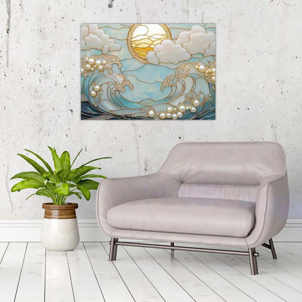 Tablou pe sticlă - Perle 3D în Ocean (70x50 cm)