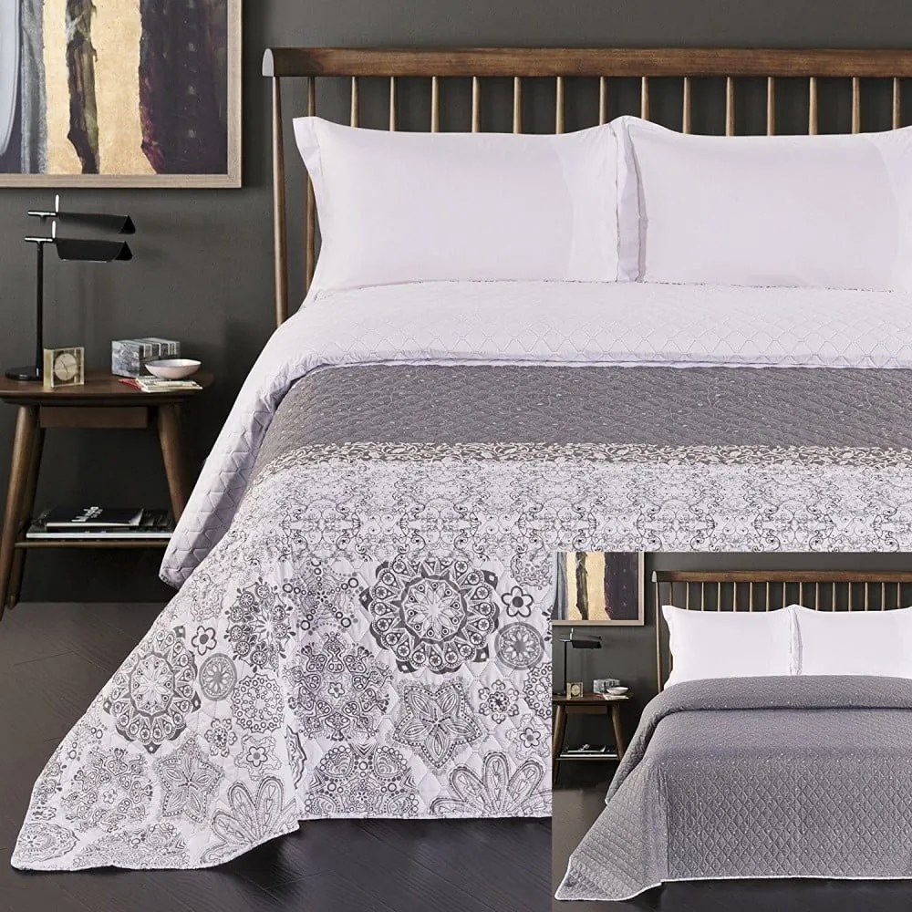 Cuvertură cu 2 fețe din microfibră DecoKing Alhambra, 220 x 240 cm, alb - gri