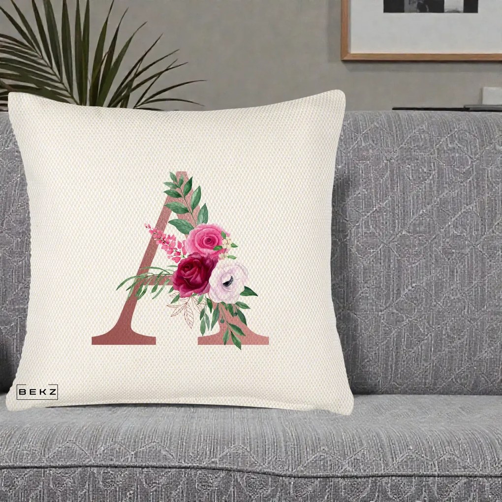 Cadou Personalizat - Perna Personalizata Monograma Rose Gold Litera A, 40x40 cm, Crem Reliefat, Husa Detasabila, Perna Inclusa, BEKZ®