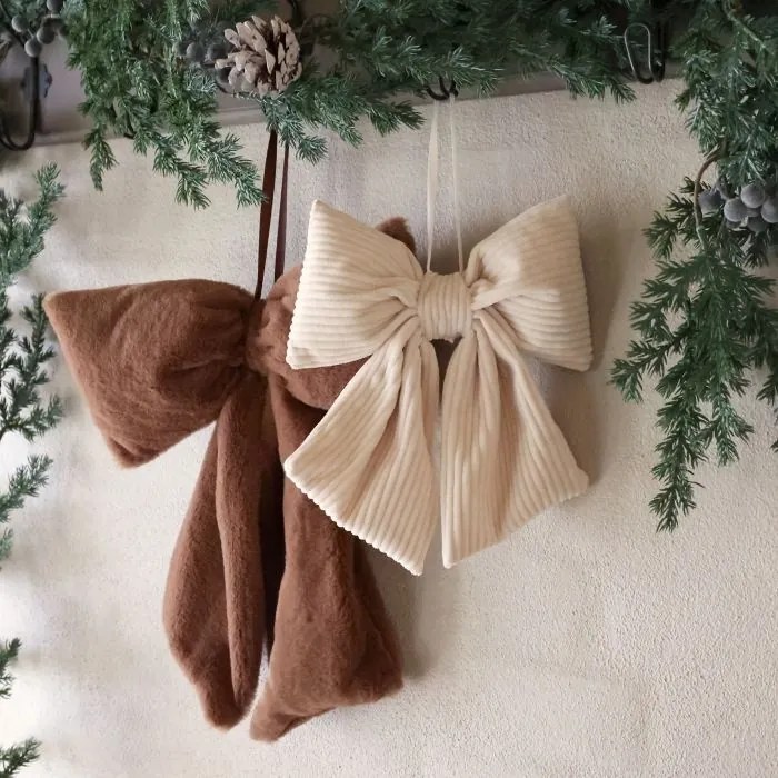 Set 2 fundițe decorative cu agățătoare din țesătură bej și maro, 36x28 cm, „Nœud"