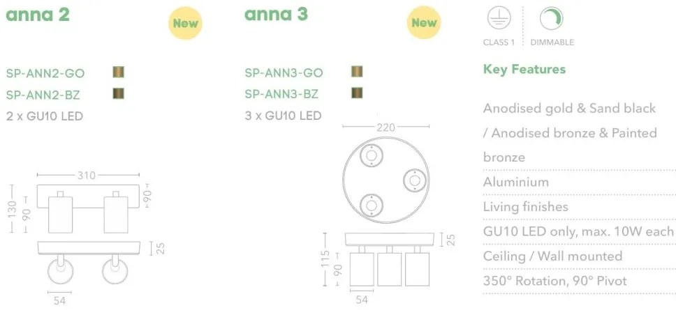 Aplica cu 3 spoturi din aluminiu canelat Anna bronz
