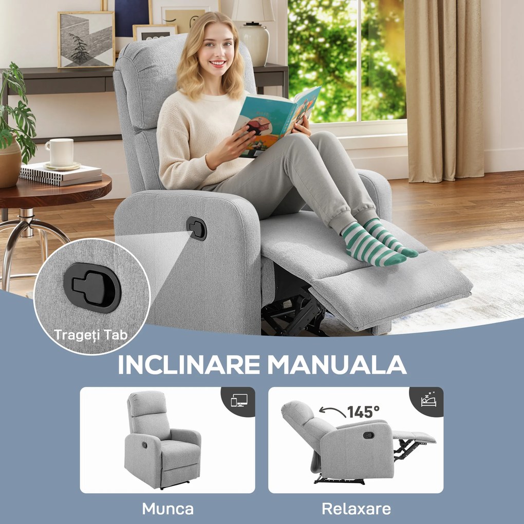 HOMCOM Fotoliu Rabatabil cu Suport pentru Picioare, Fotoliu din Metal, Lemn, Burete și Poliester, 66x83x107 cm, Gri | Aosom Romania