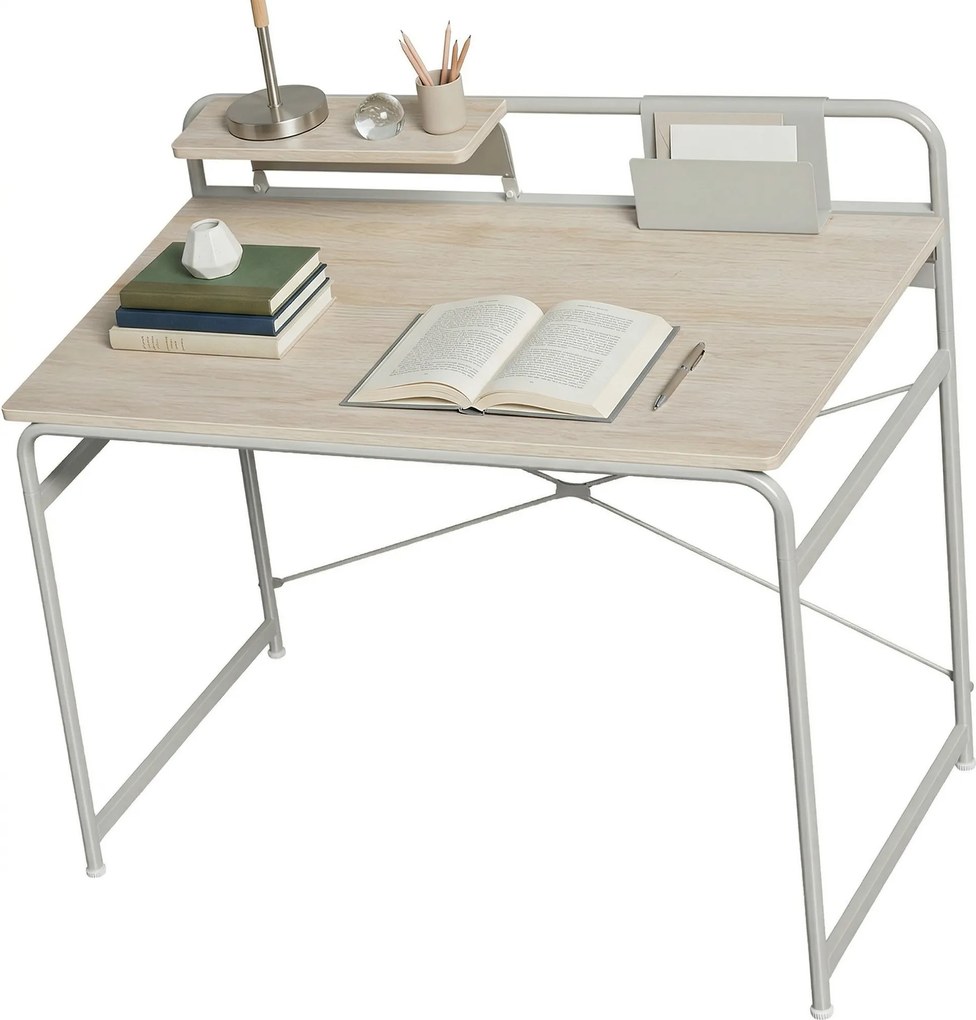 HOMCOM Masă de birou modernă cu raft și structură metalică, montaj ușor 98x48x88,5 cm stejar | Aosom Romania