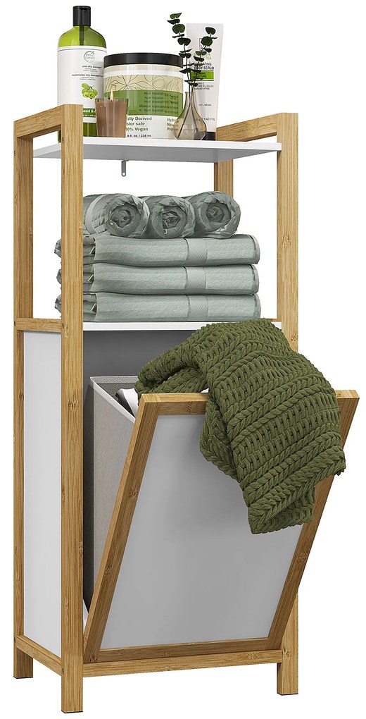 HOMCOM Mobilier pe picioare din bambus coș pentru rufe baie economisire de spațiu, 2 rafturi, dim. 40L x 30l x 86,5H cm | Aosom Romania