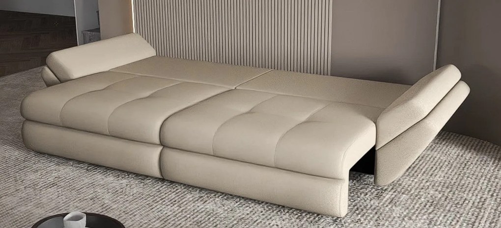 Canapea extensibilă dumonde cu ladă de depozitare si sezut confortabil din spuma high-density, Loana Enjoy Camel 300x100 cm