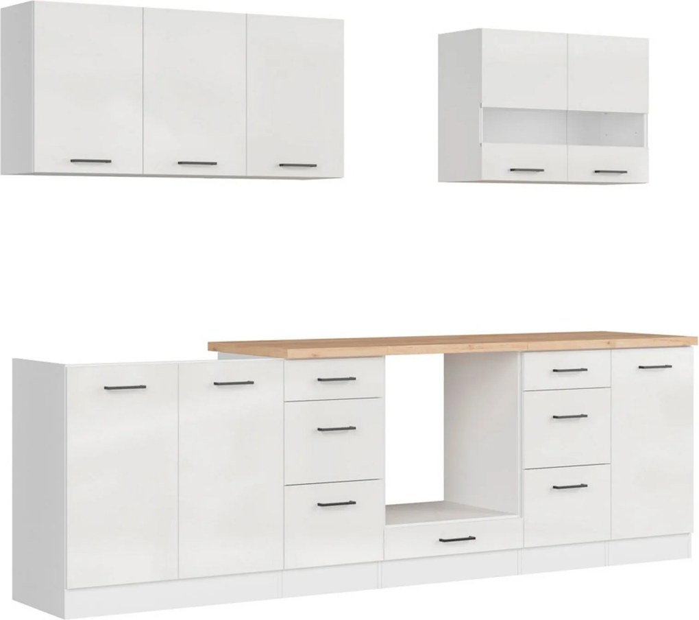 Set bucatarie JUNONA LINE, alb lucios, PAL, 260 cm, cu blat stejar art