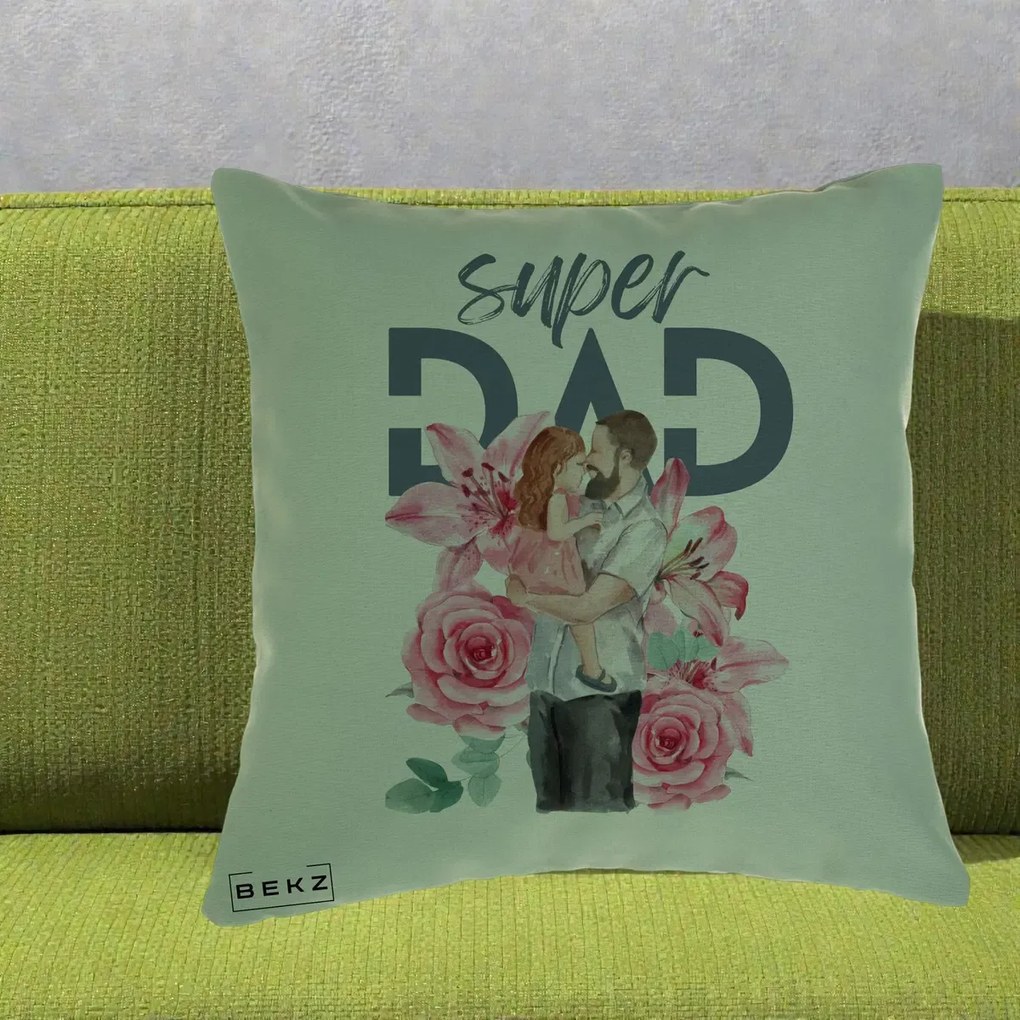 Cadou pentru Tata - Perna Personalizata Super Dad Tata cu Fetita si Flori, 40x40 cm, Verde, Husa Detasabila, Perna Inclusa, BEKZ®