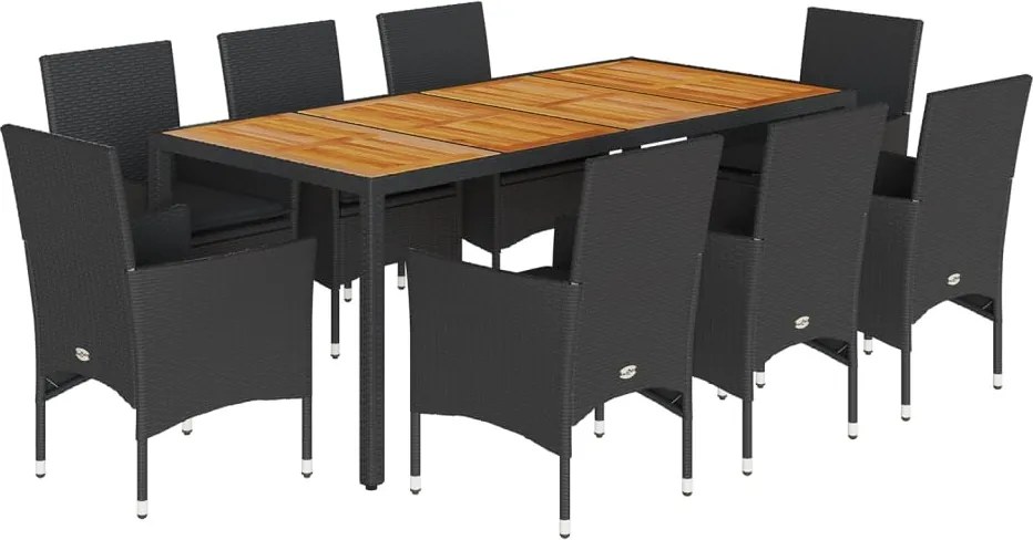 vidaXL Set mobilier grădină perne 9 piese negru poliratan/lemn acacia